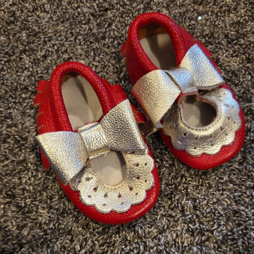 Red and Silver Baby Moccasins